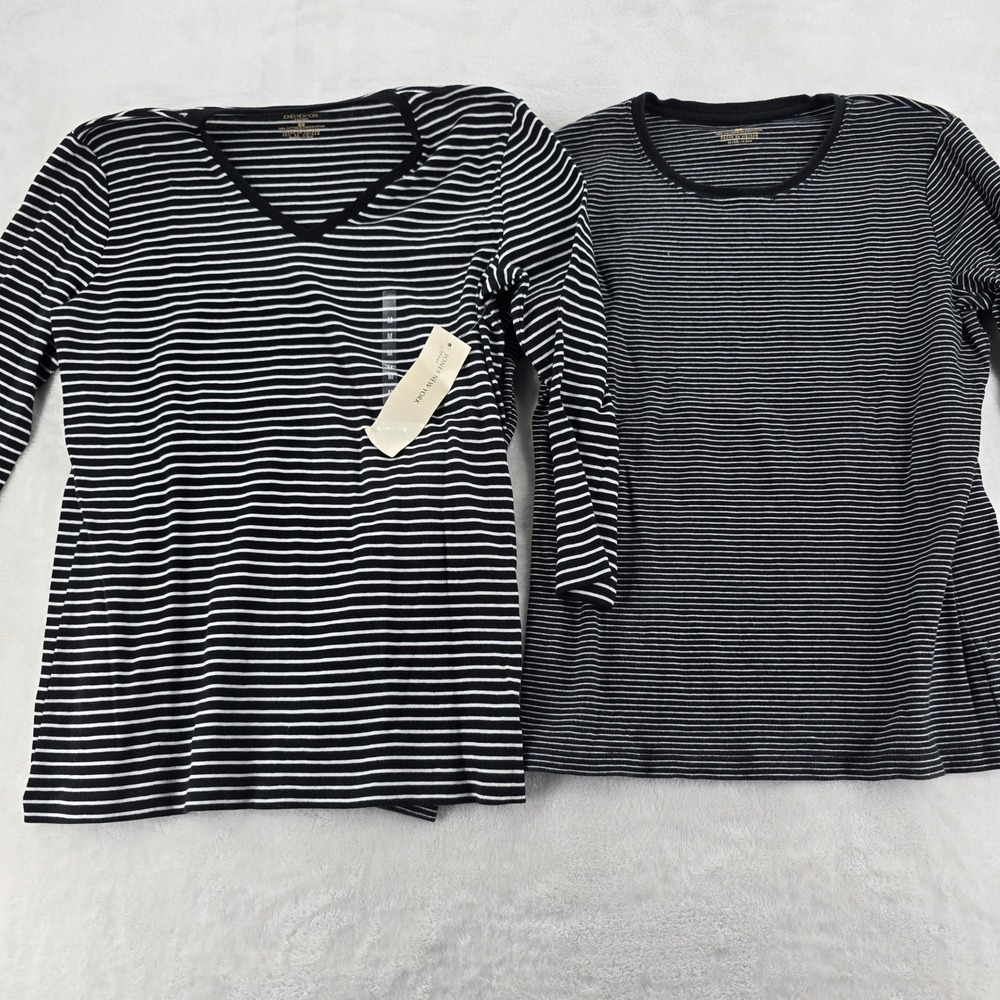 Jones New‎ York Shirt Womens M Long Sleeve Lot 2 Black White Striped Cotton Tee